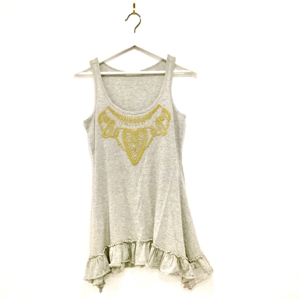 Gold Embroidered Long Tank Mini Dress Tunic Boho Ruffle Hem Top M
